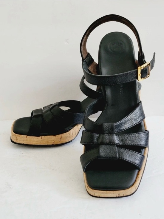Paul Green Shoes - PAUL GREEN Black Leather Cork-Platform Strappy Sandals  comfor insole 7